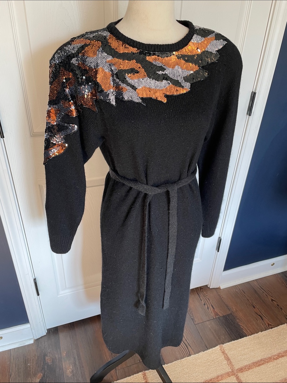 Vintage Raoul Sequin Sweater Dress Black Silk Angora Blend Midi 80s Glam Size S